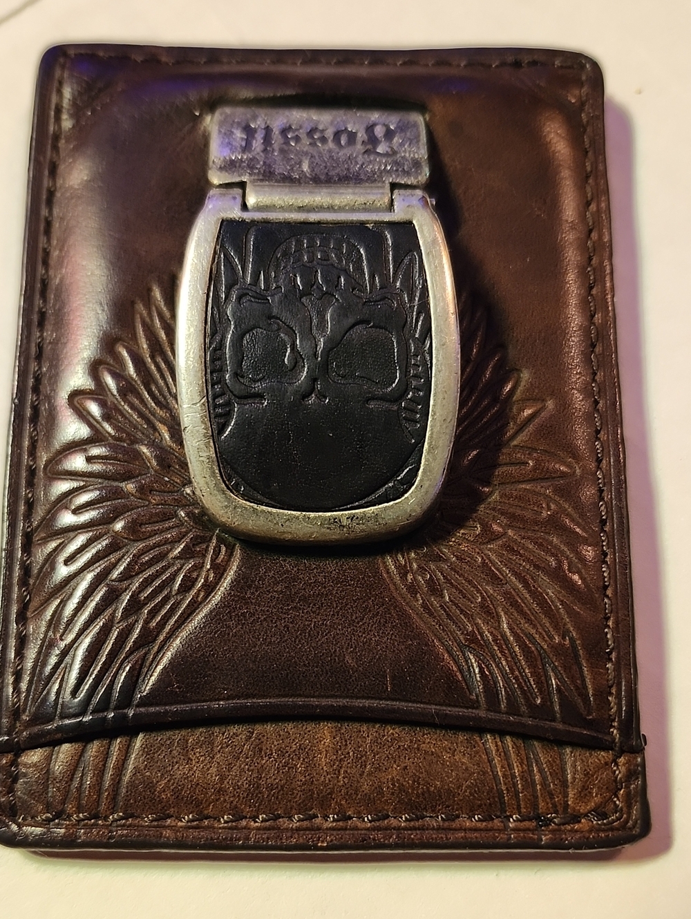 Fossil Brown Leather Money Clip with Skull and Wing Emboss